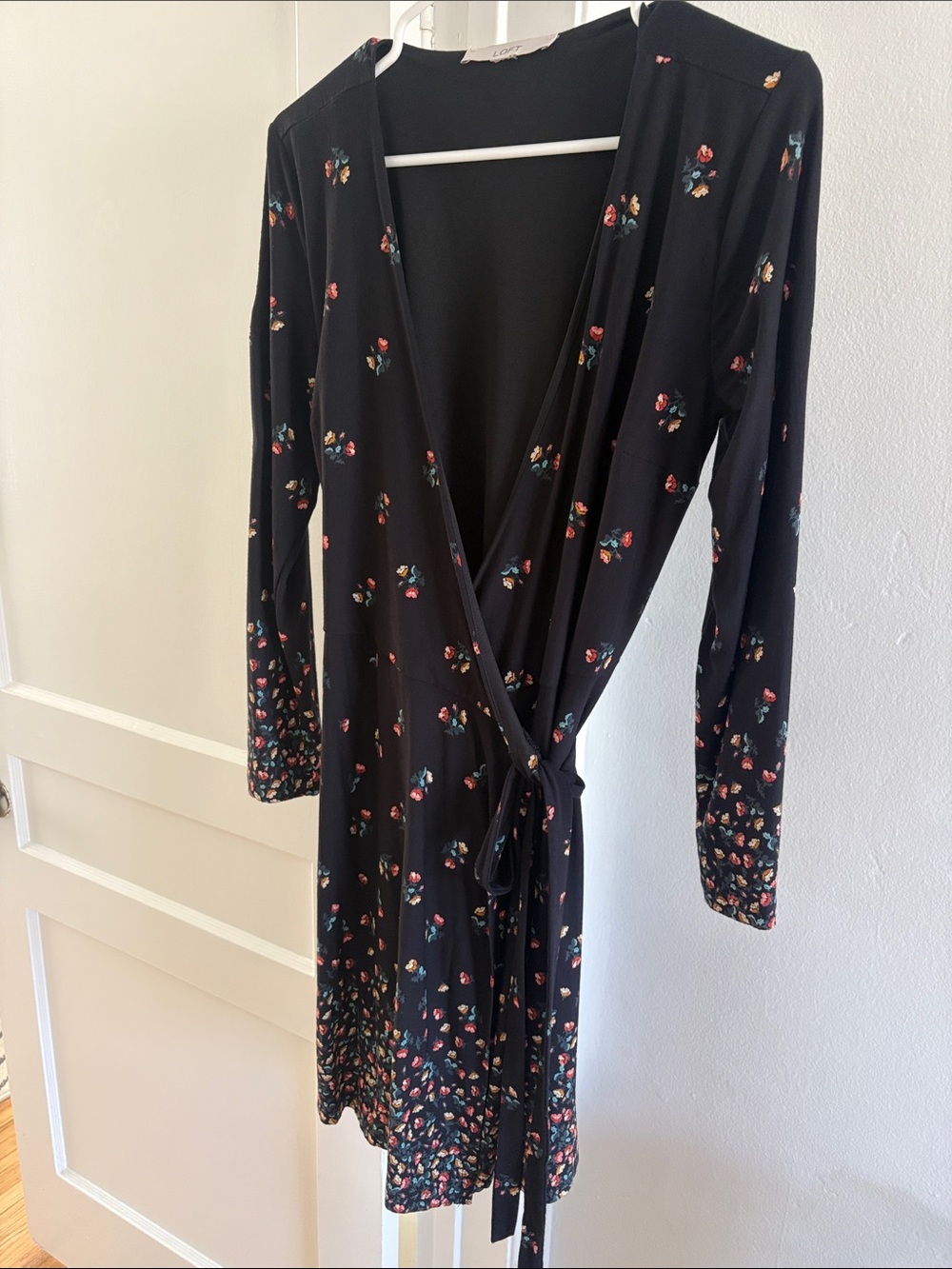 LOFT Black Floral Wrap Dress with Multicolor Blossom Print